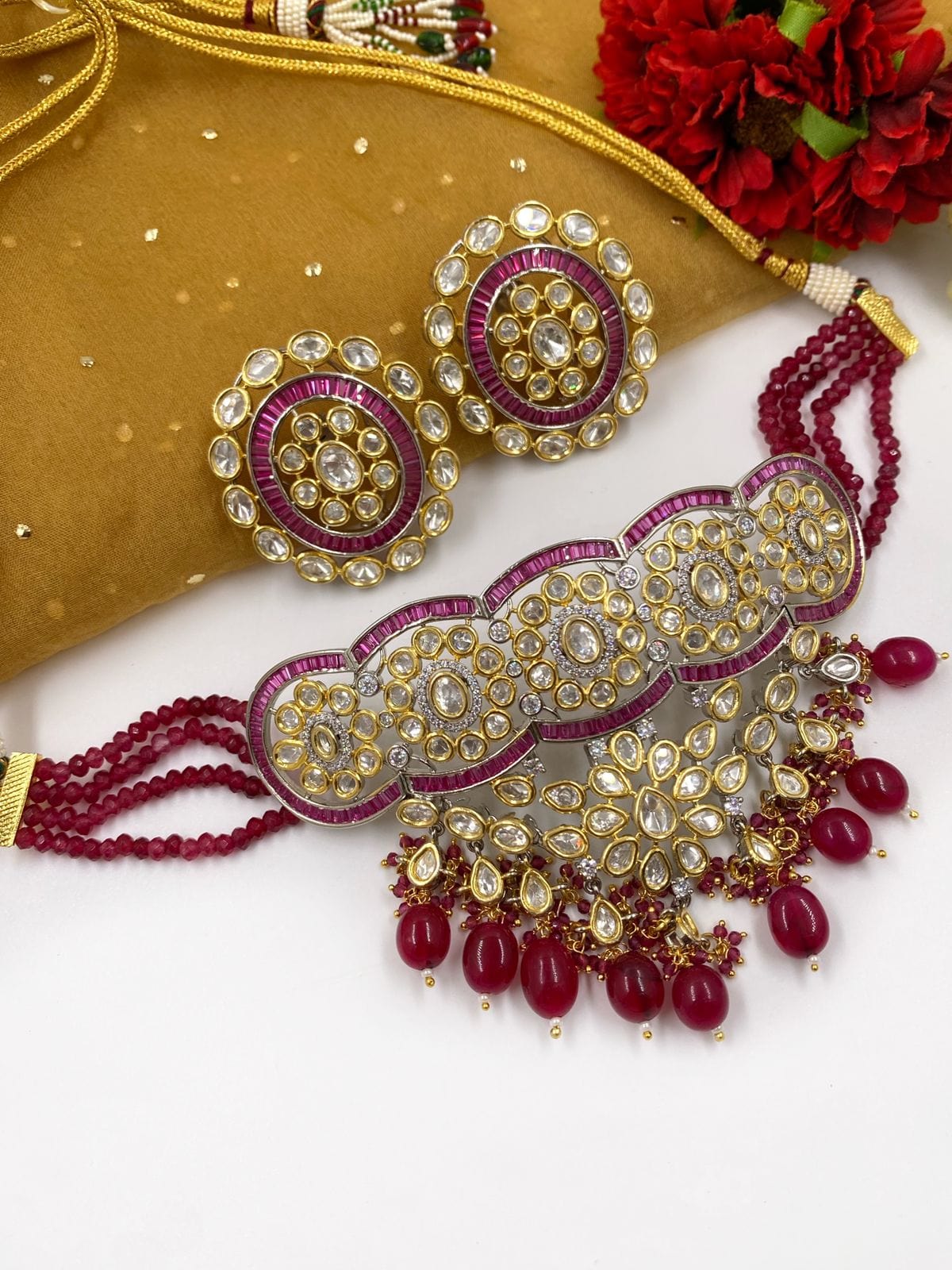 Designer Handcrafted Kundan Ruby Choker Necklace Set For Women By Gehna Shop Choker Necklace Set
