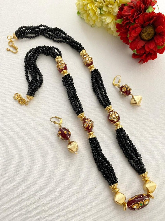 Designer Handcrafted Long Black Crystal Beaded Necklace Set By Gehna Shop Beads Jewellery