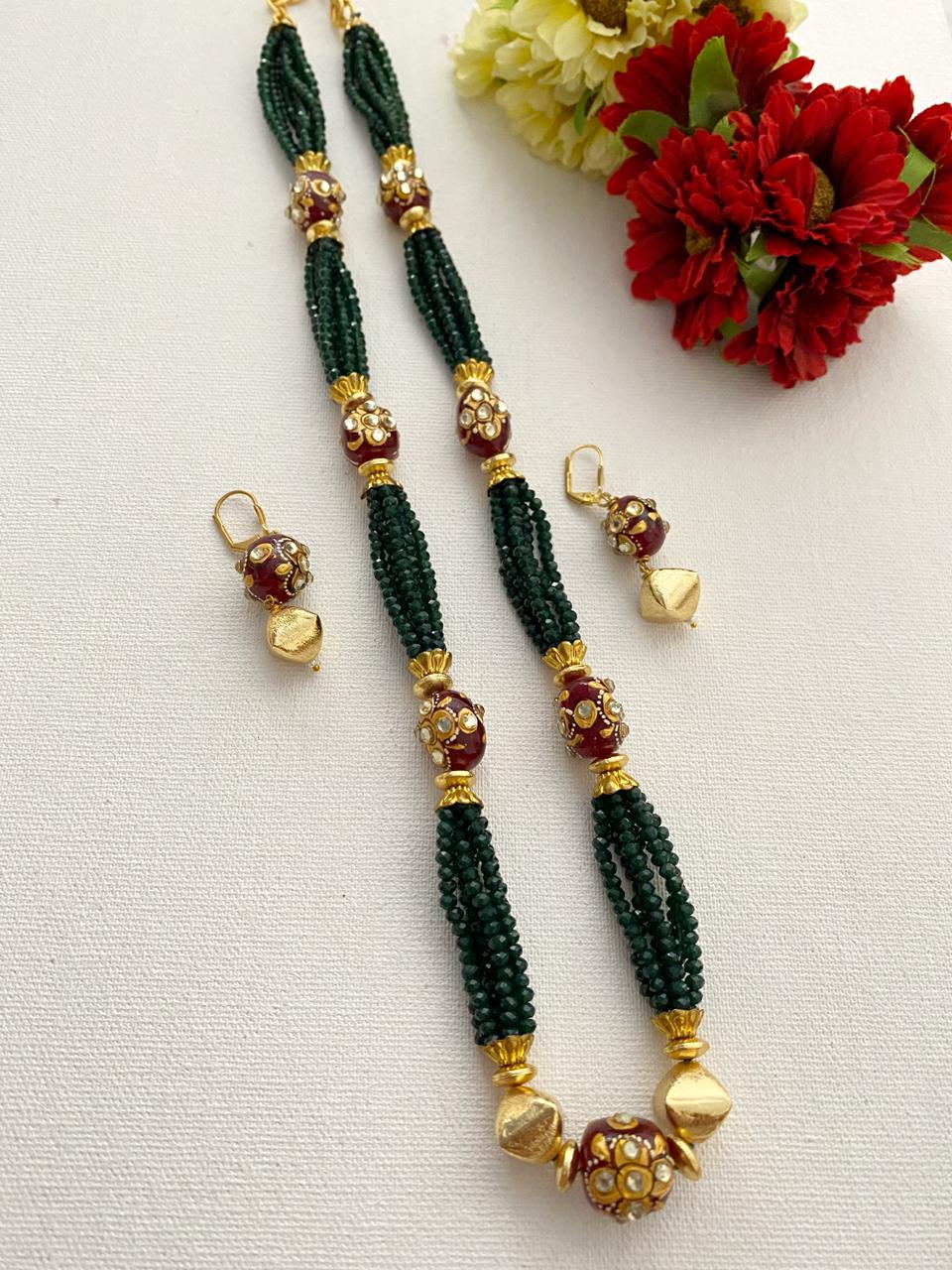 Designer Handcrafted Long Green Crystal Beaded Necklace Set By Gehna Shop Beads Jewellery