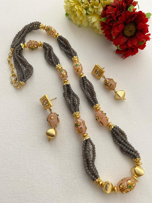 Designer Handcrafted Long Grey Crystal Beaded Necklace Set By Gehna Shop Beads Jewellery