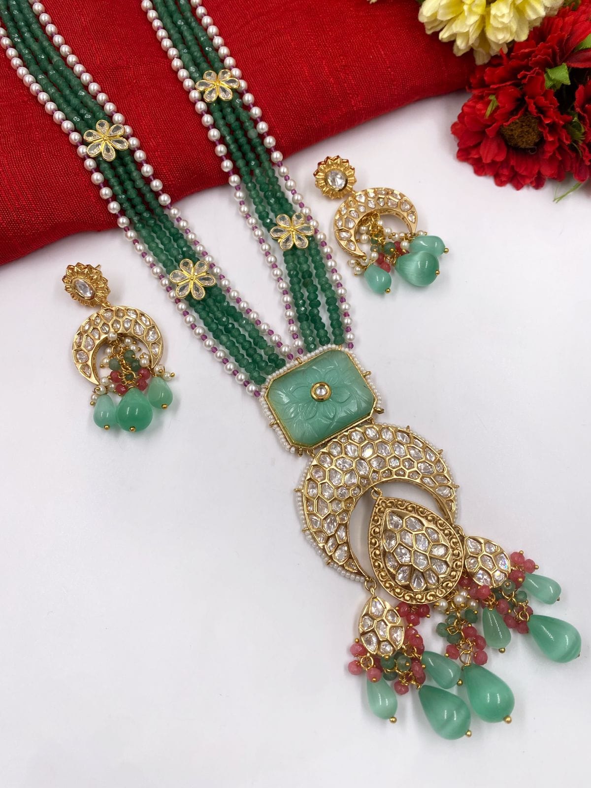 Designer Handcrafted Long Kundan Pendant Necklace Set For Weddings By Gehna Shop Kundan Necklace Sets