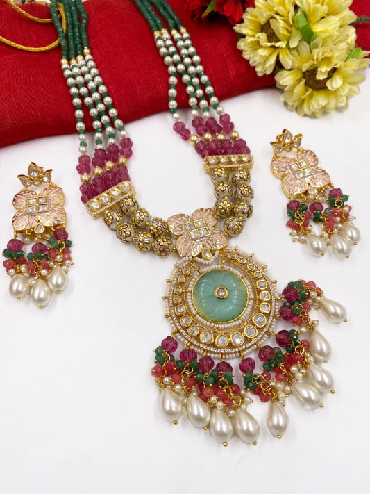 Designer Handcrafted Long Kundan Pendant Necklace Set For Weddings By Gehna Shop Kundan Necklace Sets