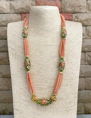Designer Handcrafted Long Peach Color Crystal Beaded Necklace Set By Gehna Shop Beads Jewellery
