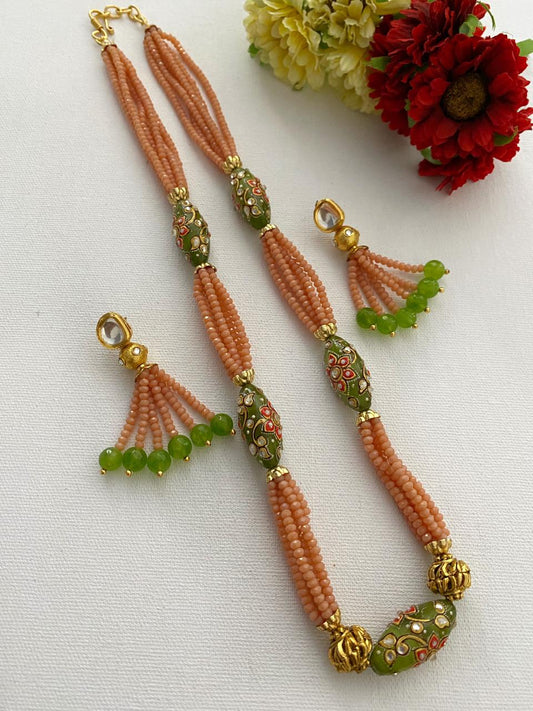 Designer Handcrafted Long Peach Color Crystal Beaded Necklace Set By Gehna Shop Beads Jewellery