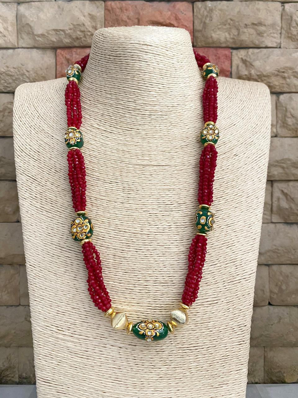 Designer Handcrafted Long Red Crystal Beaded Necklace Set By Gehna Shop Beads Jewellery