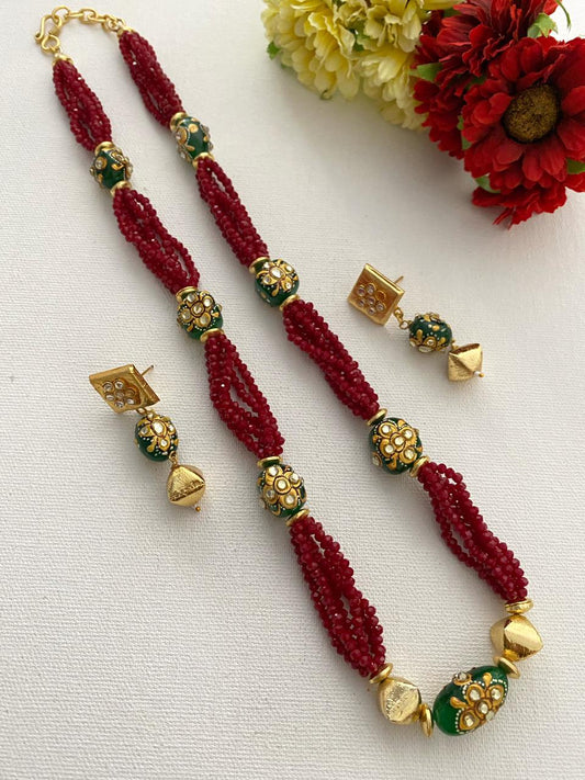 Designer Handcrafted Long Red Crystal Beaded Necklace Set By Gehna Shop Beads Jewellery