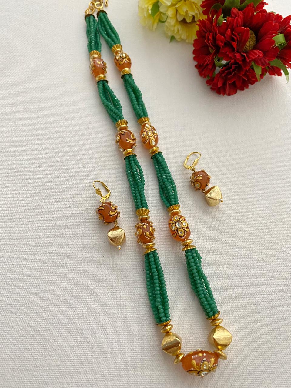 Designer Handcrafted Long Sea Green Crystal Beaded Necklace Set By Gehna Shop Beads Jewellery