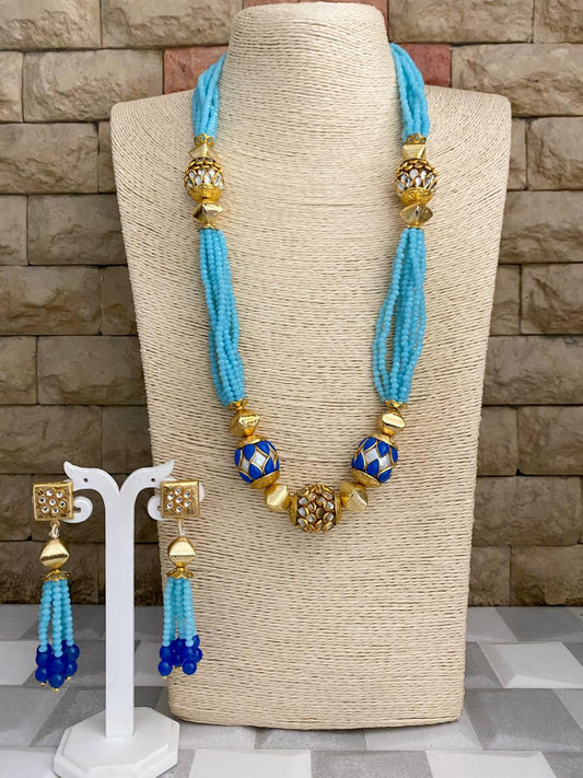 Designer Handcrafted Long Turquoise Color Crystal Beaded Necklace Set By Gehna Shop Beads Jewellery