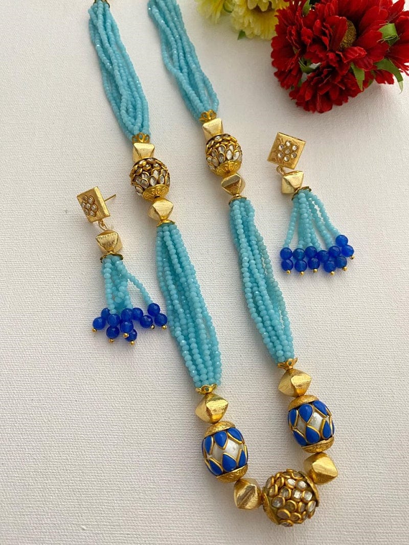 Designer Handcrafted Long Turquoise Color Crystal Beaded Necklace Set By Gehna Shop Beads Jewellery