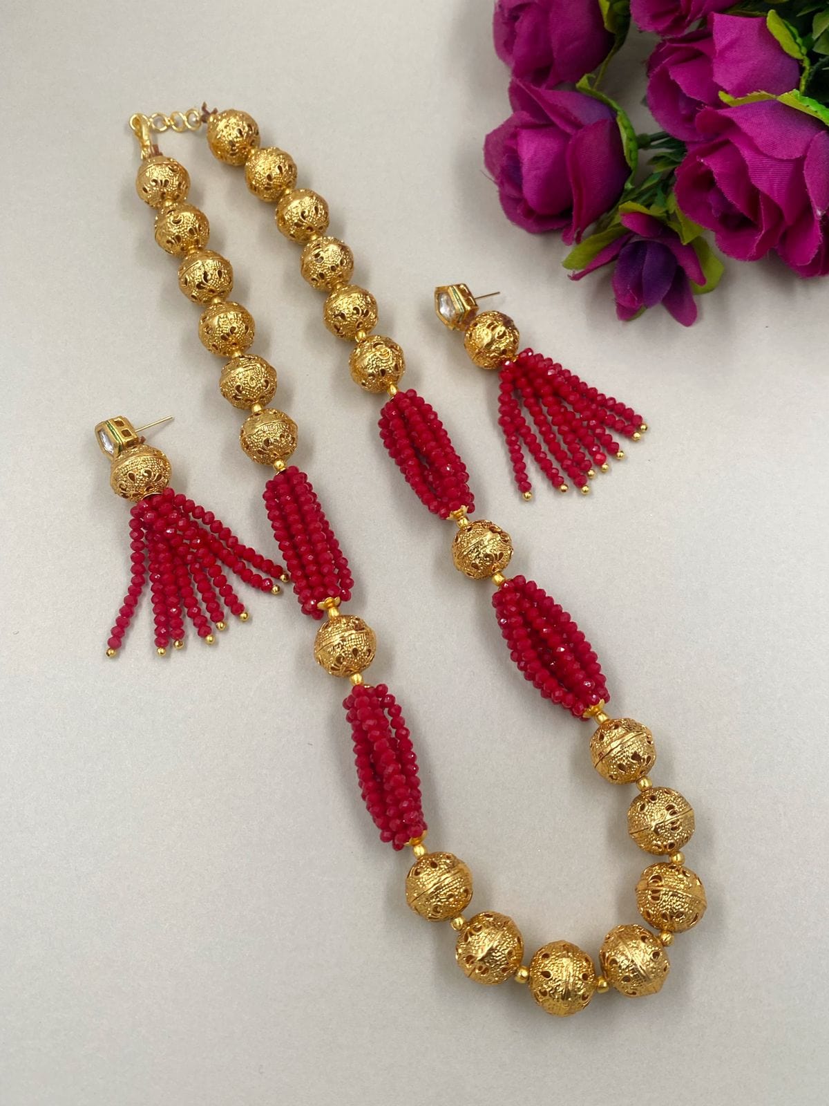 Designer Handcrafted Red Crystal And Golden Beads Necklace For Woman By Gehna Shop Beads Jewellery