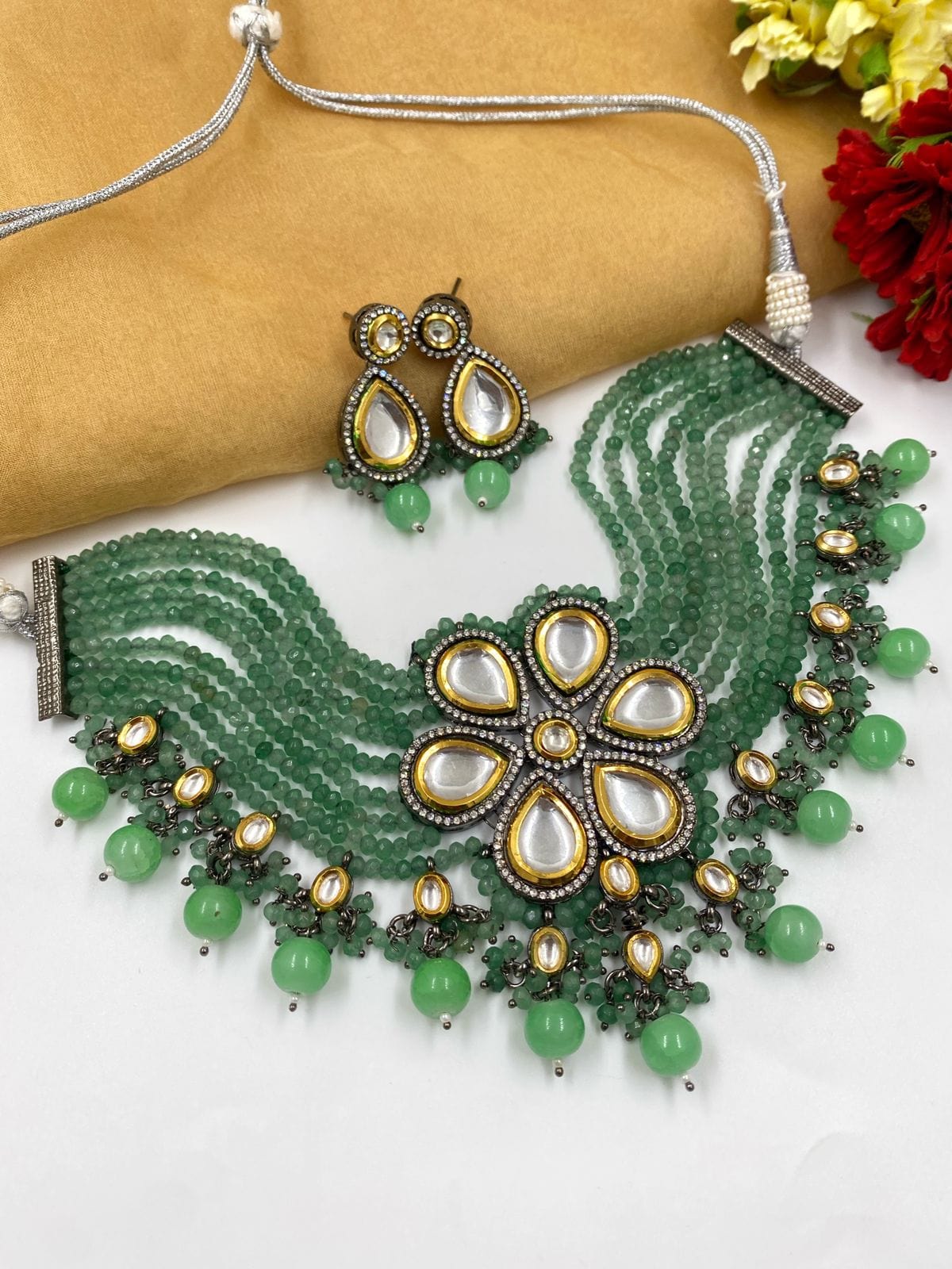 Designer Handcrafted Victorian Kundan Green Choker Necklace Set By Gehna Shop Victorian Necklace Sets