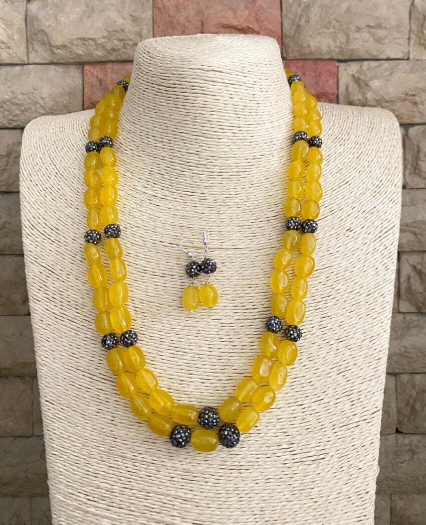 Designer Handcrafted Yellow Jade Double Layered Beaded Necklace By Gehna Shop Beads Jewellery