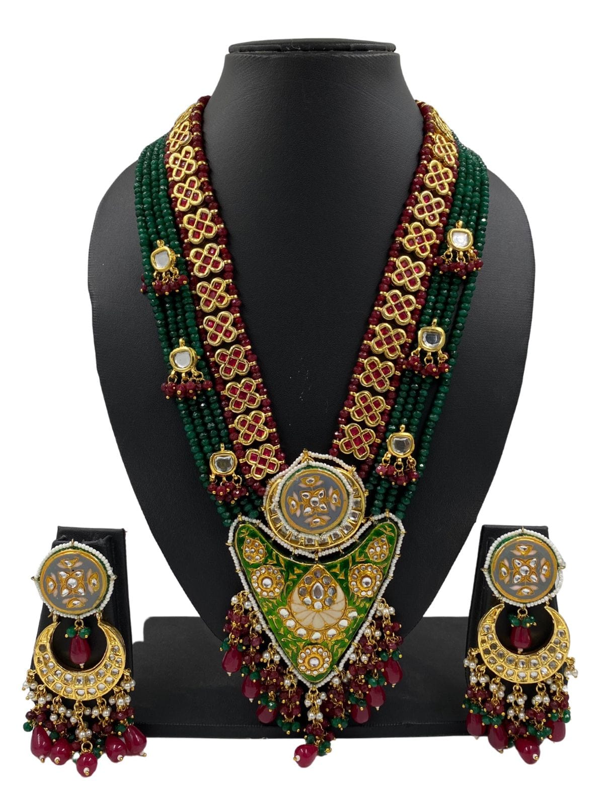 Designer Handmade Long Green Meenakari And Kundan Necklace For Weddings Bridal Necklace Sets