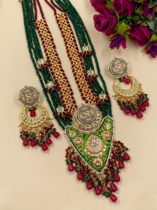Designer Handmade Long Green Meenakari And Kundan Necklace For Weddings Bridal Necklace Sets