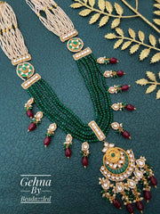 Designer Handmade Multi Layered Beaded Kundan Long Green Necklace Set Kundan Necklace Set