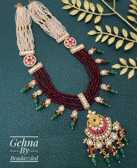 Designer Handmade Multi Layered Beaded Kundan Long Maroon Necklace Set Necklace sets