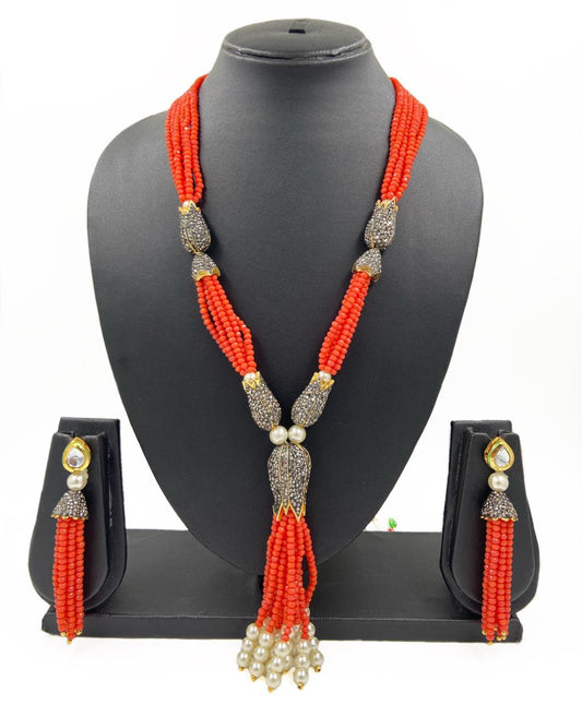 Designer Handmade Multilayered Orange Crystal Beaded Necklace Set Beads Jewellery