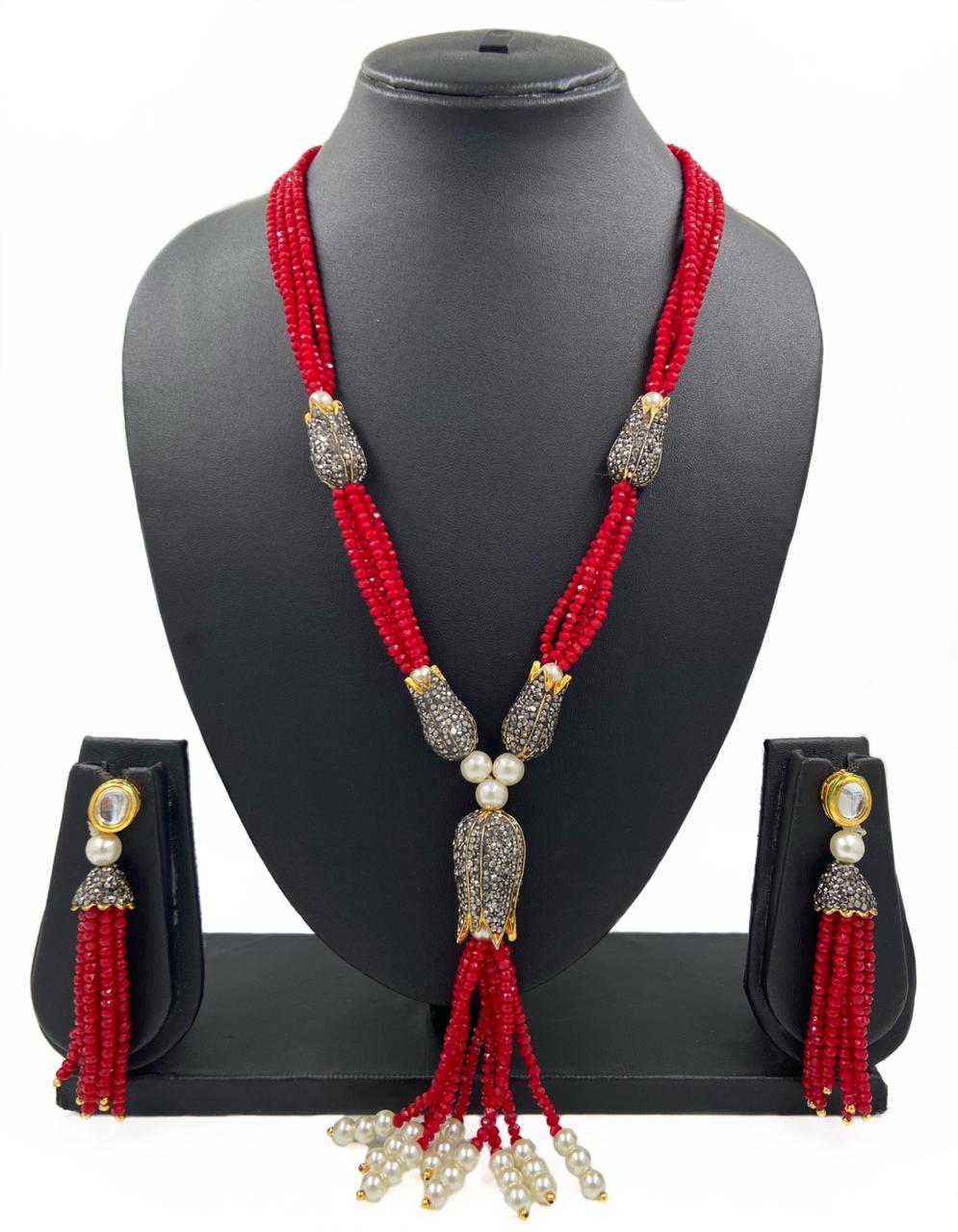 Designer Handmade Red Multilayered Crystal Beads Necklace Set Beads Jewellery