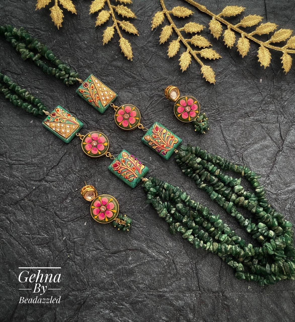 Designer Handmade Semi Precious Green Jade Uncut Beads Necklace Set For Ladies Beads Jewellery