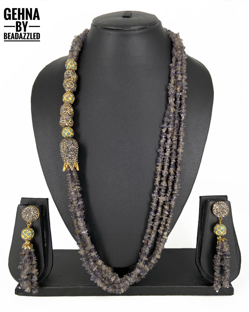Designer Handmade Semi Precious Iolite Blue Uncut Beads Necklace Set For Ladies Beads Jewellery