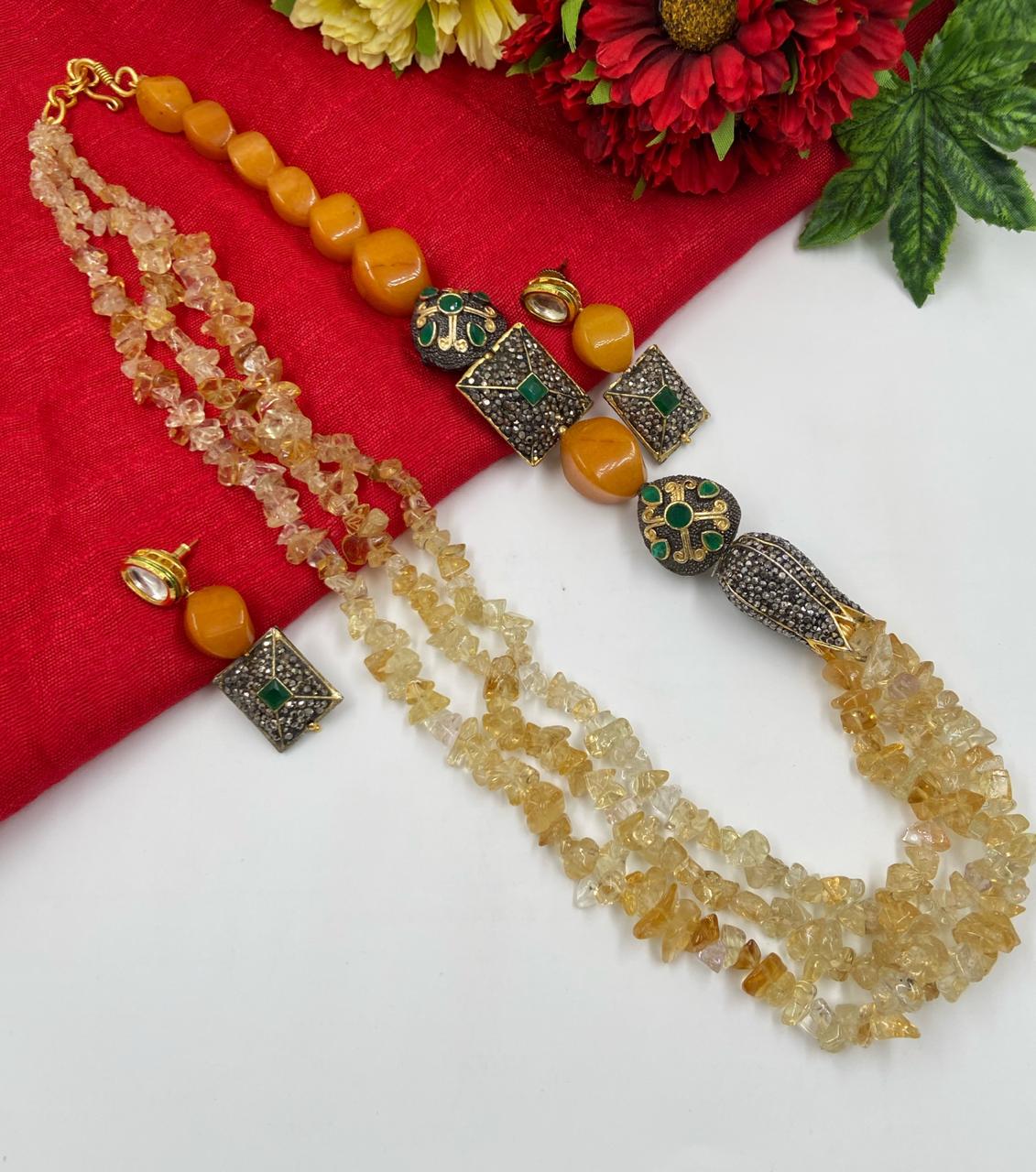 Designer Handmade Semi Precious Yellow Citrine Uncut Beads Necklace Set For Ladies Beads Jewellery