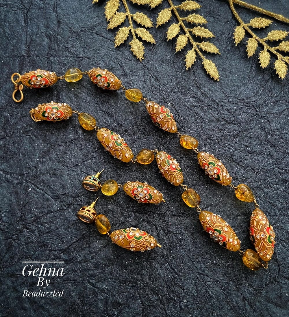 Designer Handmade Yellow Stone Tanjore Beads Beaded Necklace For Ladies Beads Jewellery