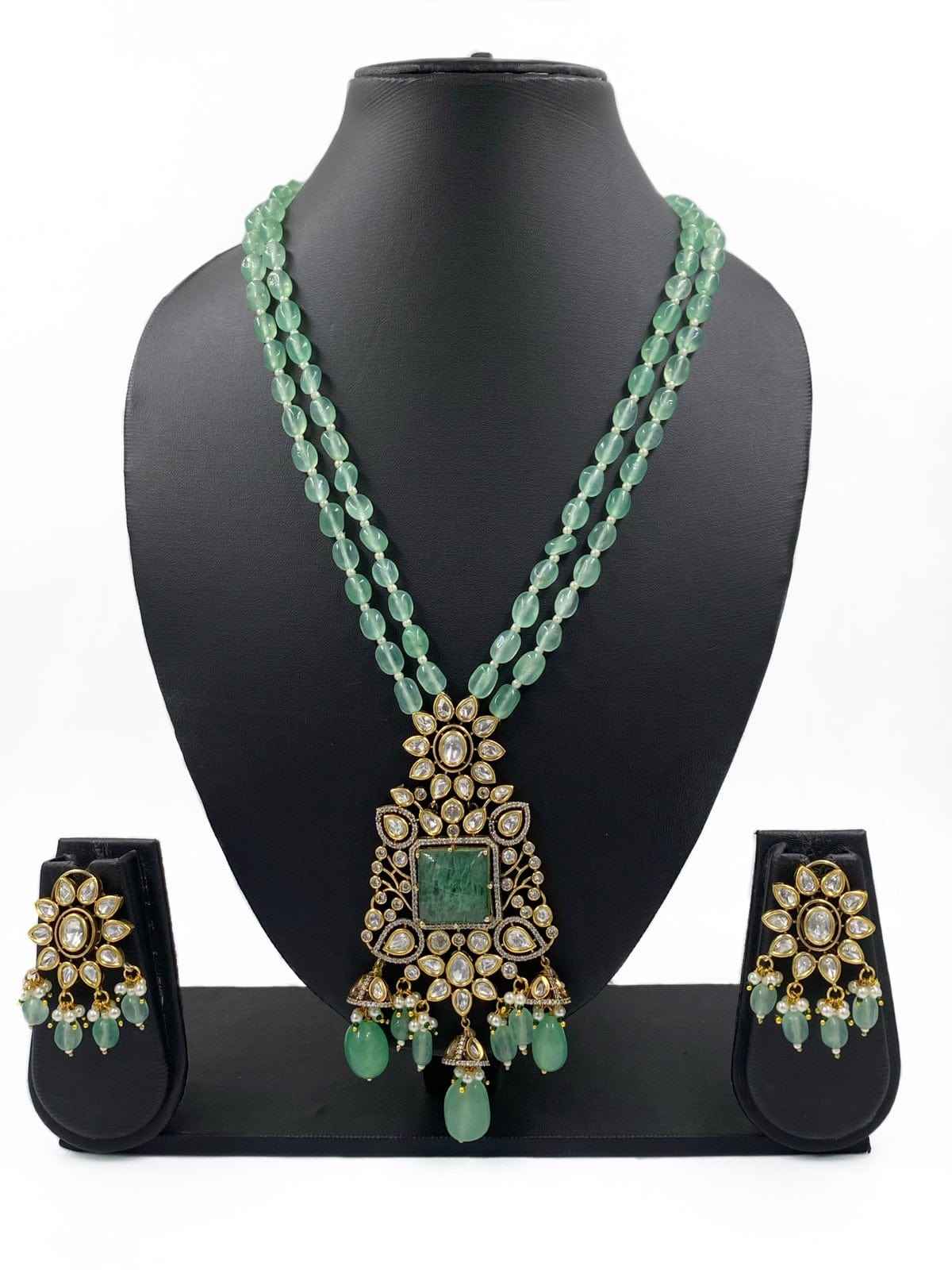Designer Heavy Quality Victorian Polki Pendant Necklace Jewellery Set For Weddings Pastel Green
