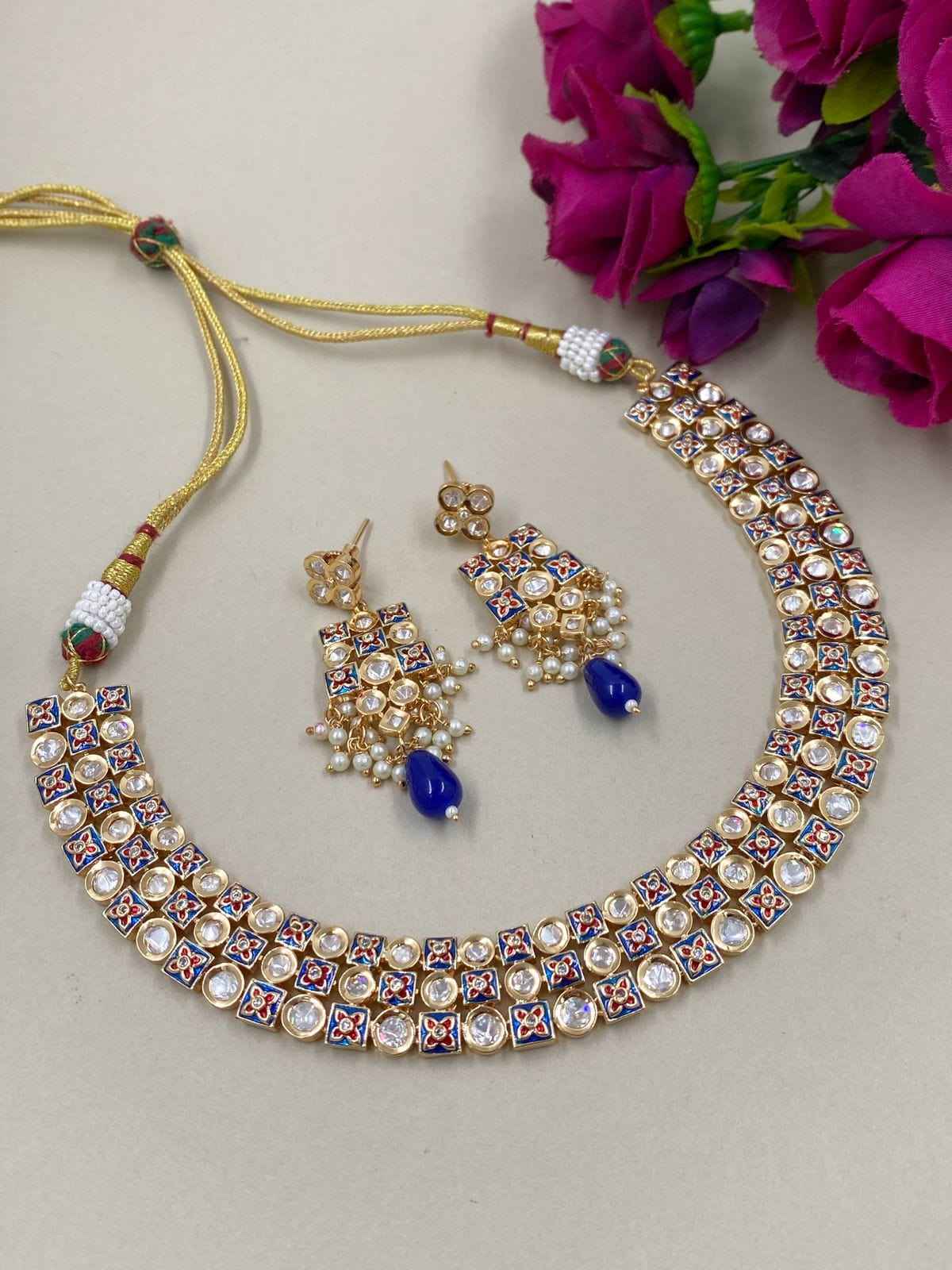 Designer High Quality Meenakari And Kundan Wedding Necklace Set For Women Blue