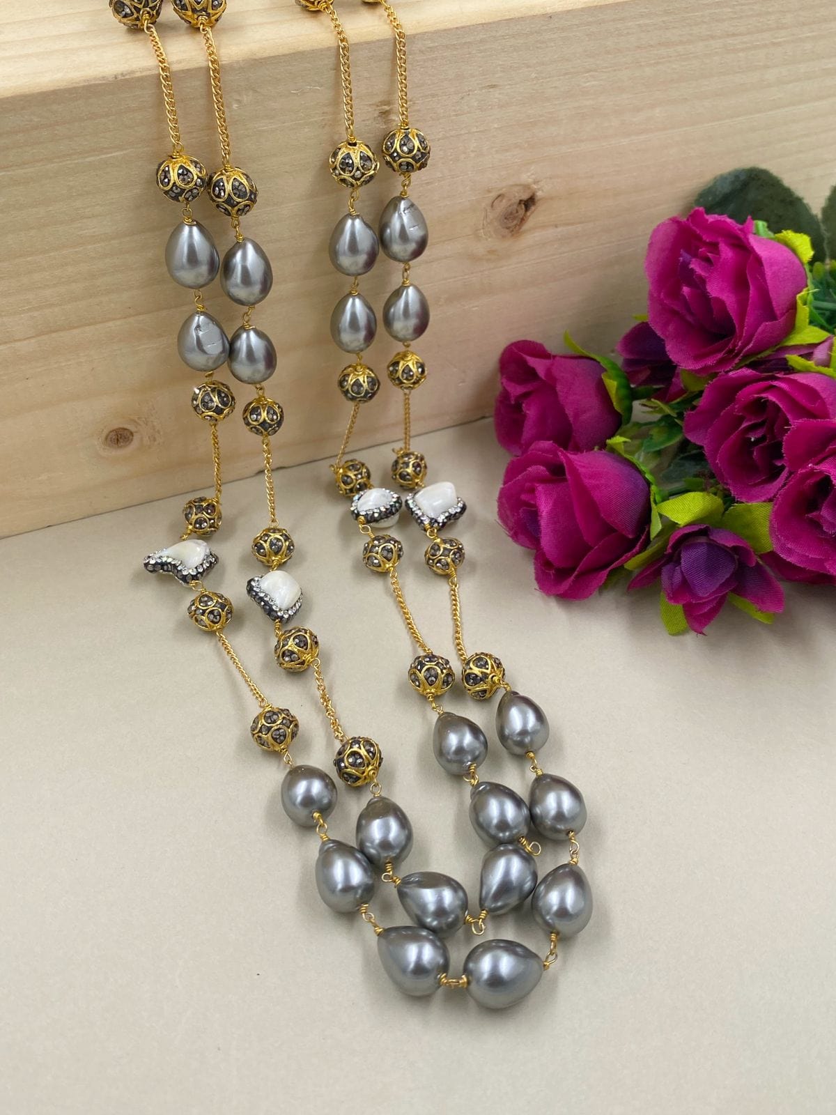 Designer Long Grey Shell Pearl Chain Beaded Necklace For Ladies Beads Jewellery