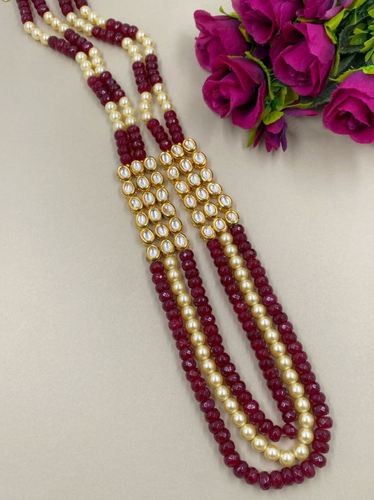 Designer Long Kundan And Ruby Pink Jade Beads Necklace For Men And Women Beads Jewellery