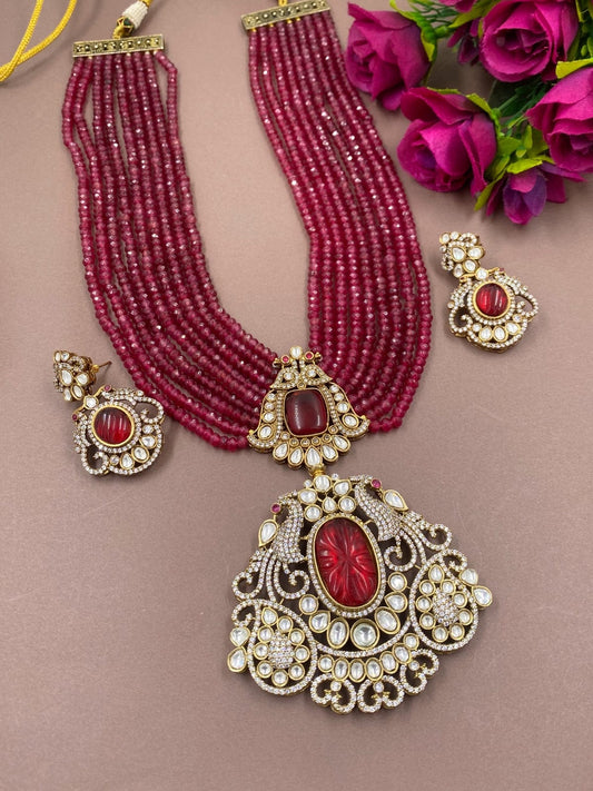 Designer Long Polki Kundan Pendant Necklace Set For Weddings Victorian Necklace Sets