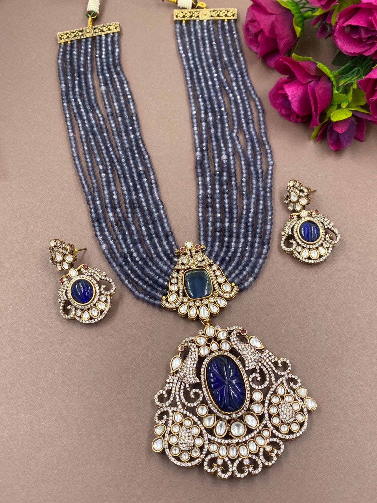 Designer Long Polki Kundan Pendant Necklace Set For Weddings Victorian Necklace Sets