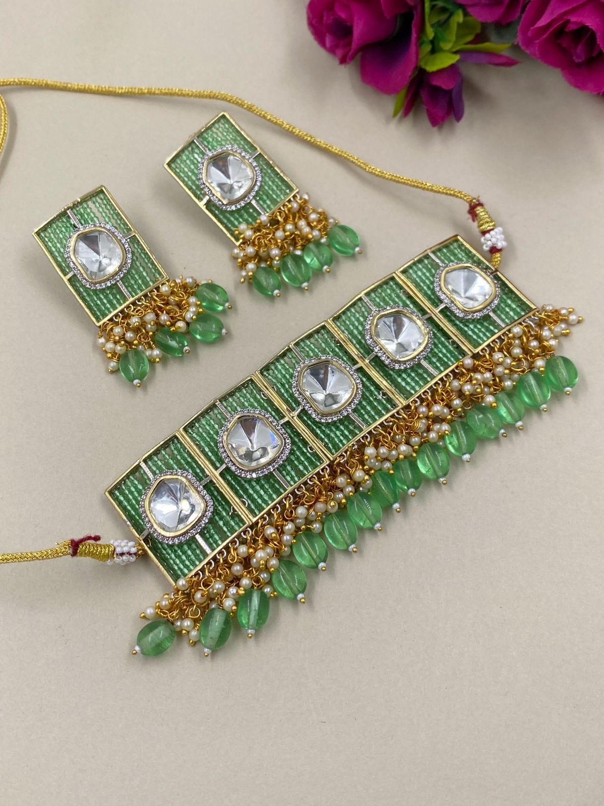 Designer Mint Green Polki Choker Necklace Set For Weddings By Gehna Shop Victorian Necklace Sets