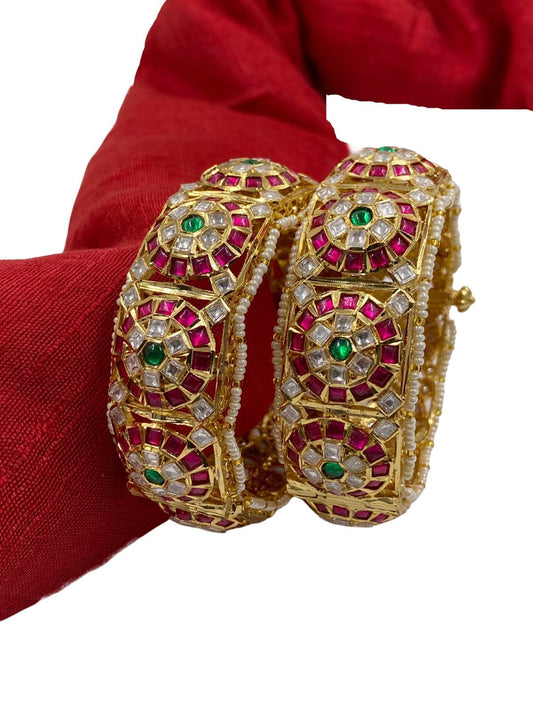 Lotus Jadau Bangle Bracelet - South India Jewels SIJ