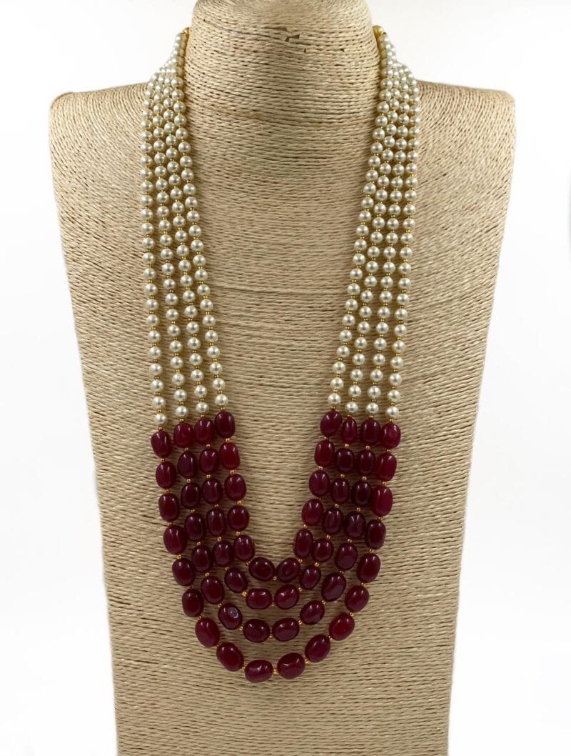 Designer Multi Layered Beaded Red Jade And Pearls Necklace Mala For Grooms By Gehna Shop Beads Jewellery