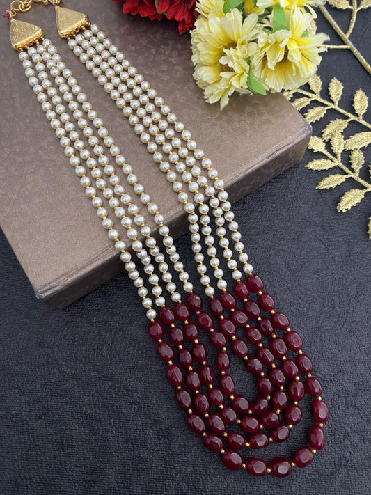 Designer Multi Layered Beaded Red Jade And Pearls Necklace Mala For Grooms By Gehna Shop Beads Jewellery