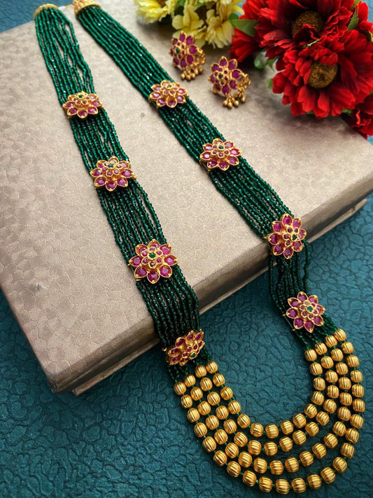 Designer Multi Layered Green Semi Precious Beaded Necklace Set By Gehna Shop Beads Jewellery