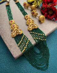 Designer Multi Layered Green Semi Precious Beads Necklace Set By Gehna Shop Antique Golden Necklace Sets