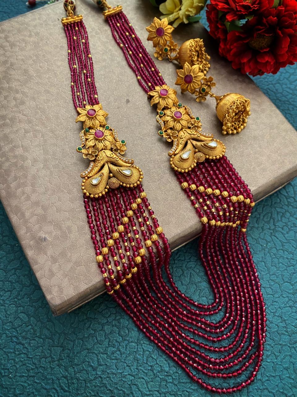 Designer Multi Layered Red Semi Precious Beads Necklace Set By Gehna Shop Beads Jewellery