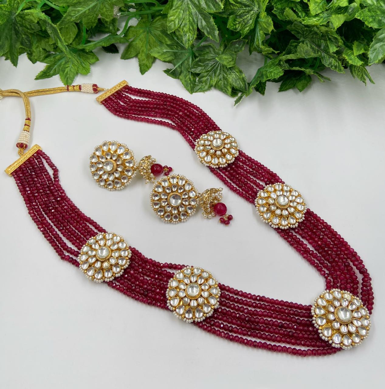 Designer Multilayered Handmade Kundan With Ruby Red Jade Beaded Necklace Beads Jewellery