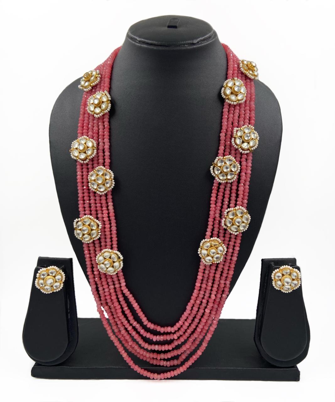 Designer Multilayered Peach Color Jade Beads Necklace Set By Gehna Shop Beads Jewellery