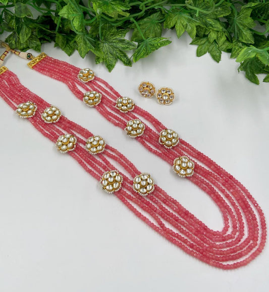 Designer Multilayered Peach Color Jade Beads Necklace Set By Gehna Shop Beads Jewellery