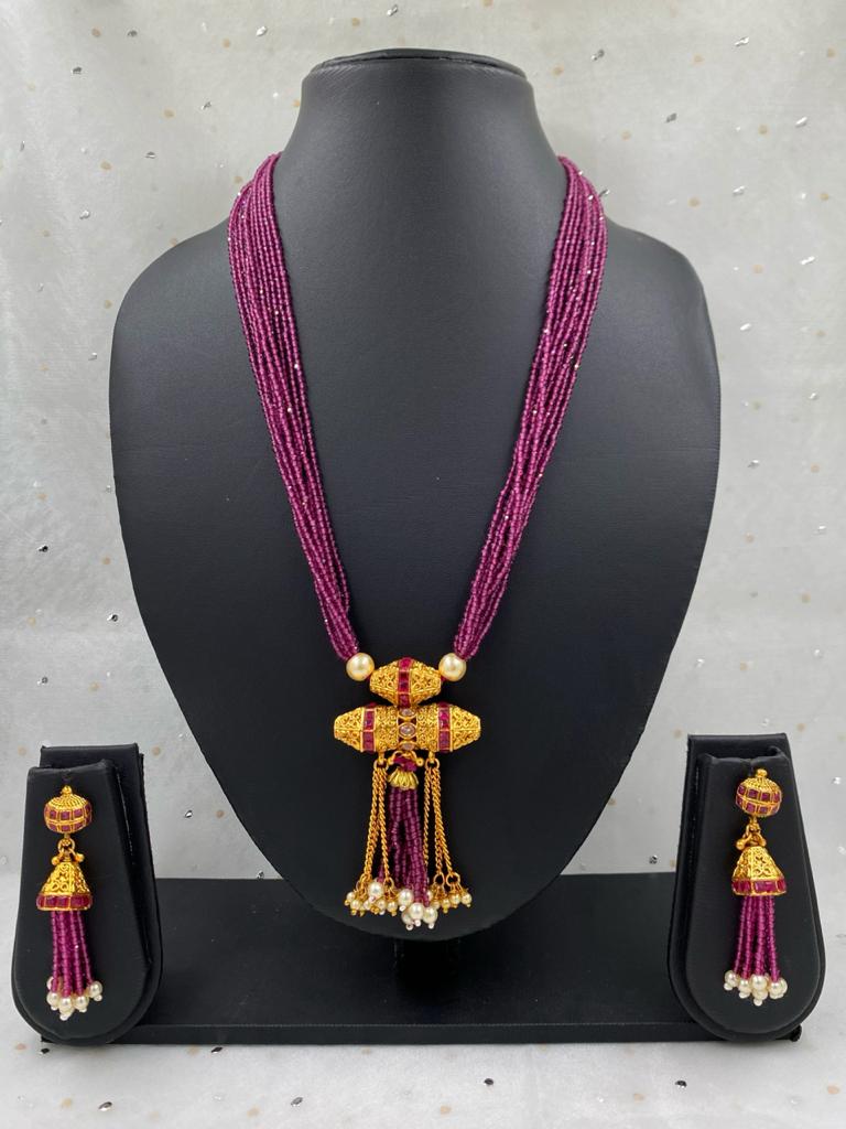 Designer Multilayered Ruby Crystal Beads Necklace Set For Women Antique Golden Necklace Sets