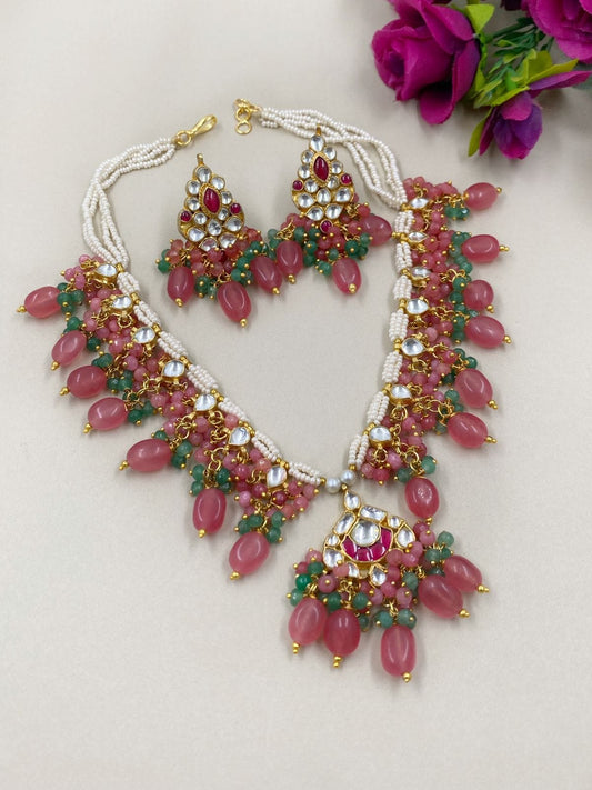 Designer Pastel Pink Jadau Kundan Collar Necklace Set For Ladies Choker Necklace Set