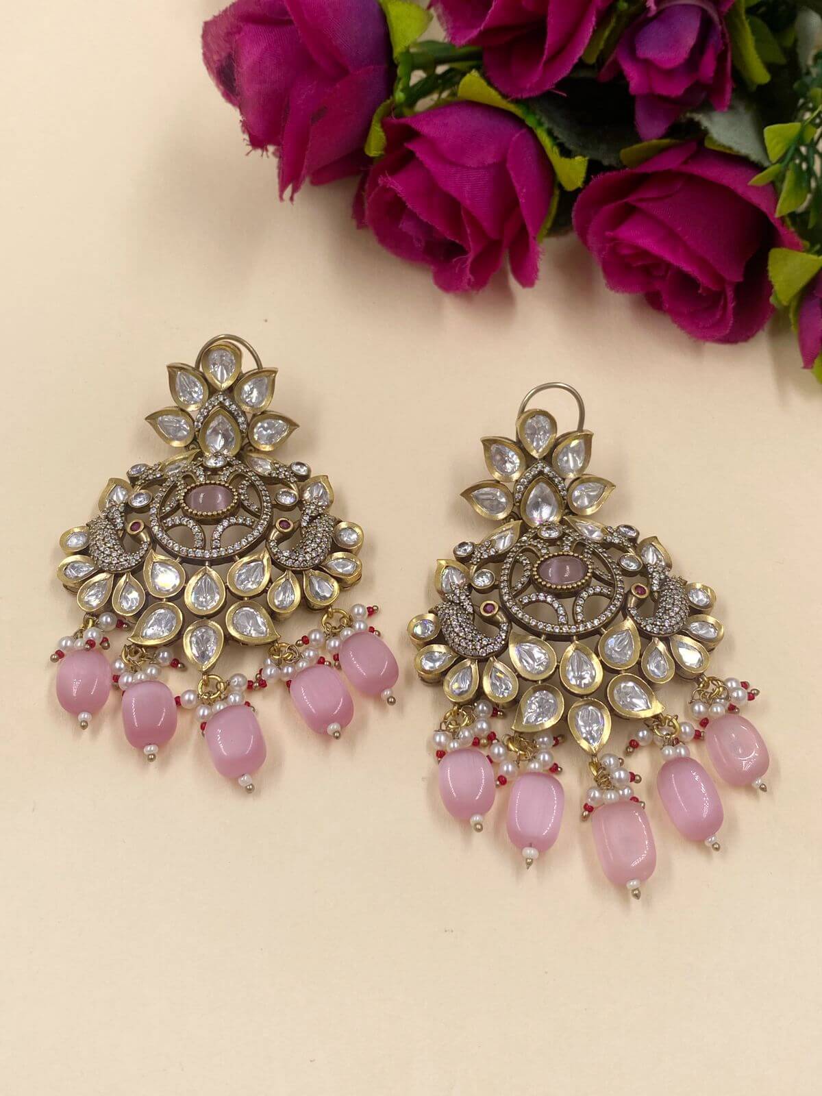 Royal Pink Kundan Earrings India Online Silver - Reeya LifeStyle