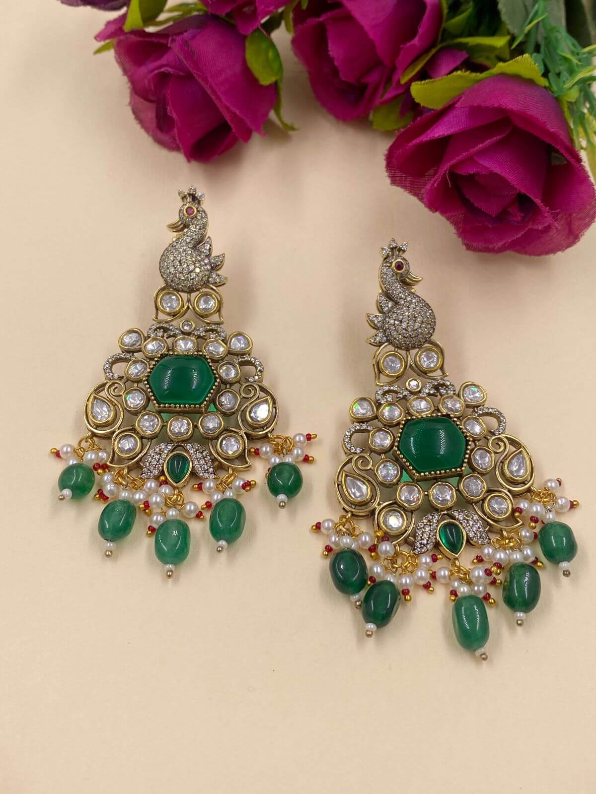 Designer Peacock Victorian Polki Dangler Bridal Earrings By Gehna Shop Earrings