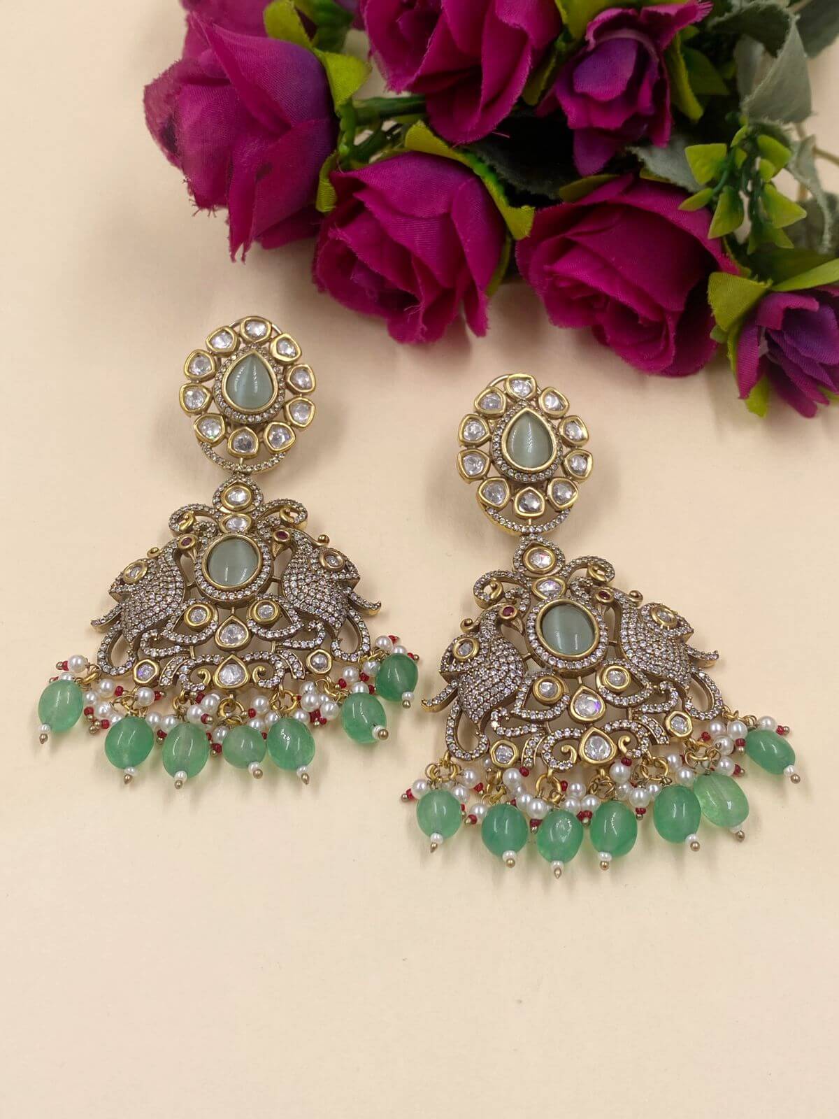 Designer Peacock Victorian Polki Earrings For Weddings By Gehna Shop Earrings