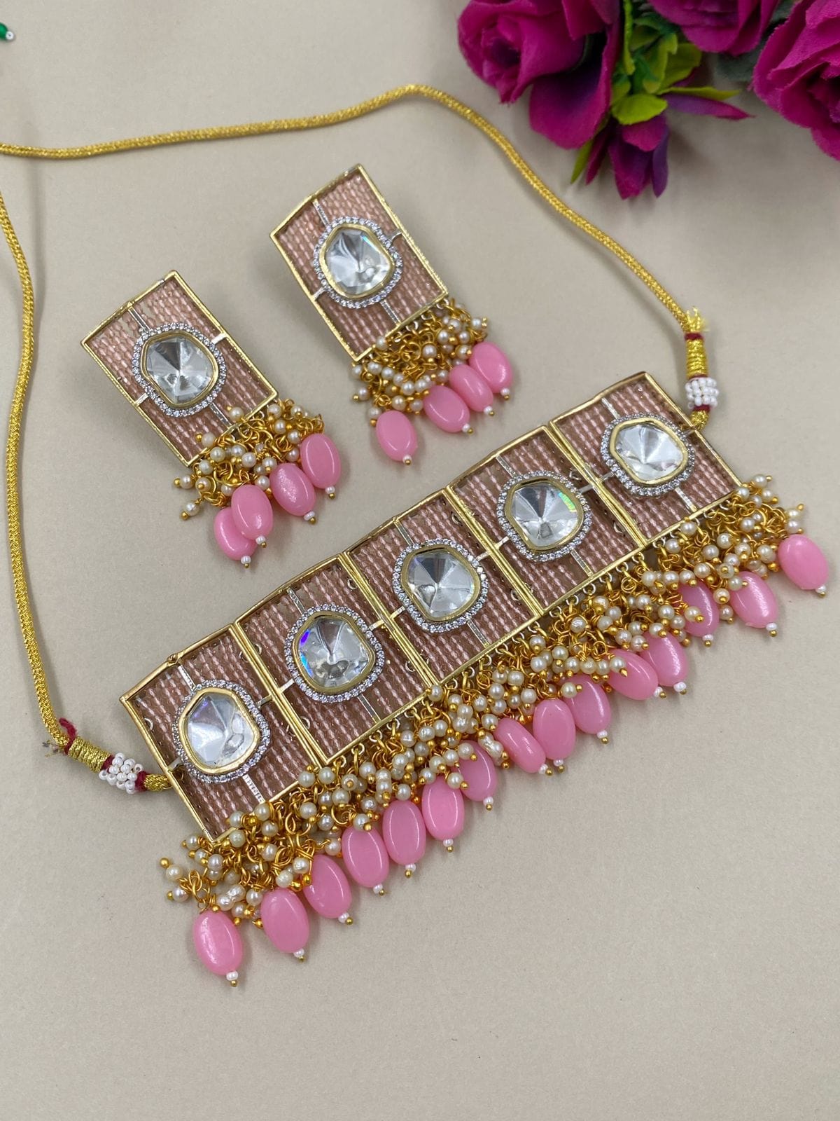 Designer Pink Polki Choker Necklace Set For Weddings By Gehna Shop Victorian Necklace Sets