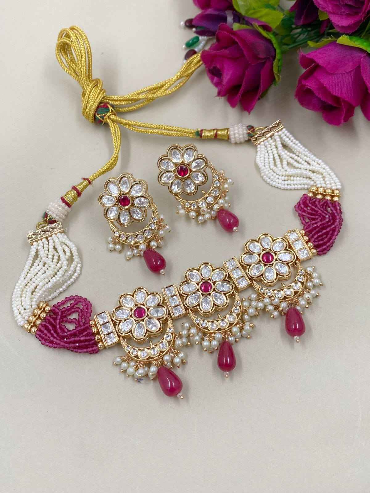 Elegant Kundan And Pearls Beaded Choker Necklace Set - Wedding And Party Wear Choker