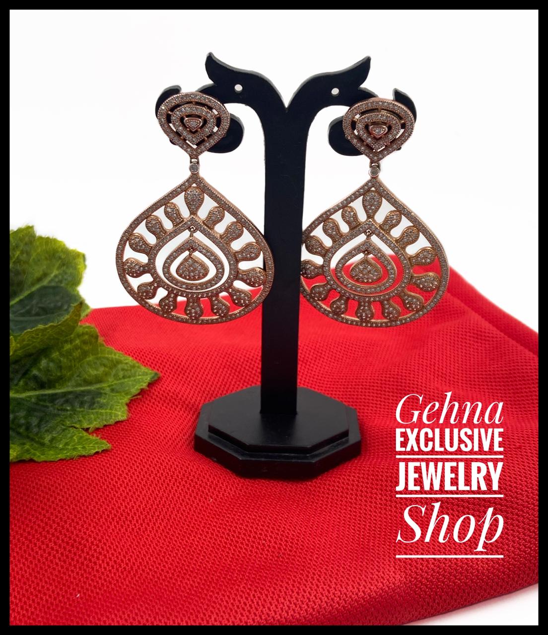 Designer Rose Gold Polish Zircon Earrings For Woman By Gehna Shop Ziron Earrings
